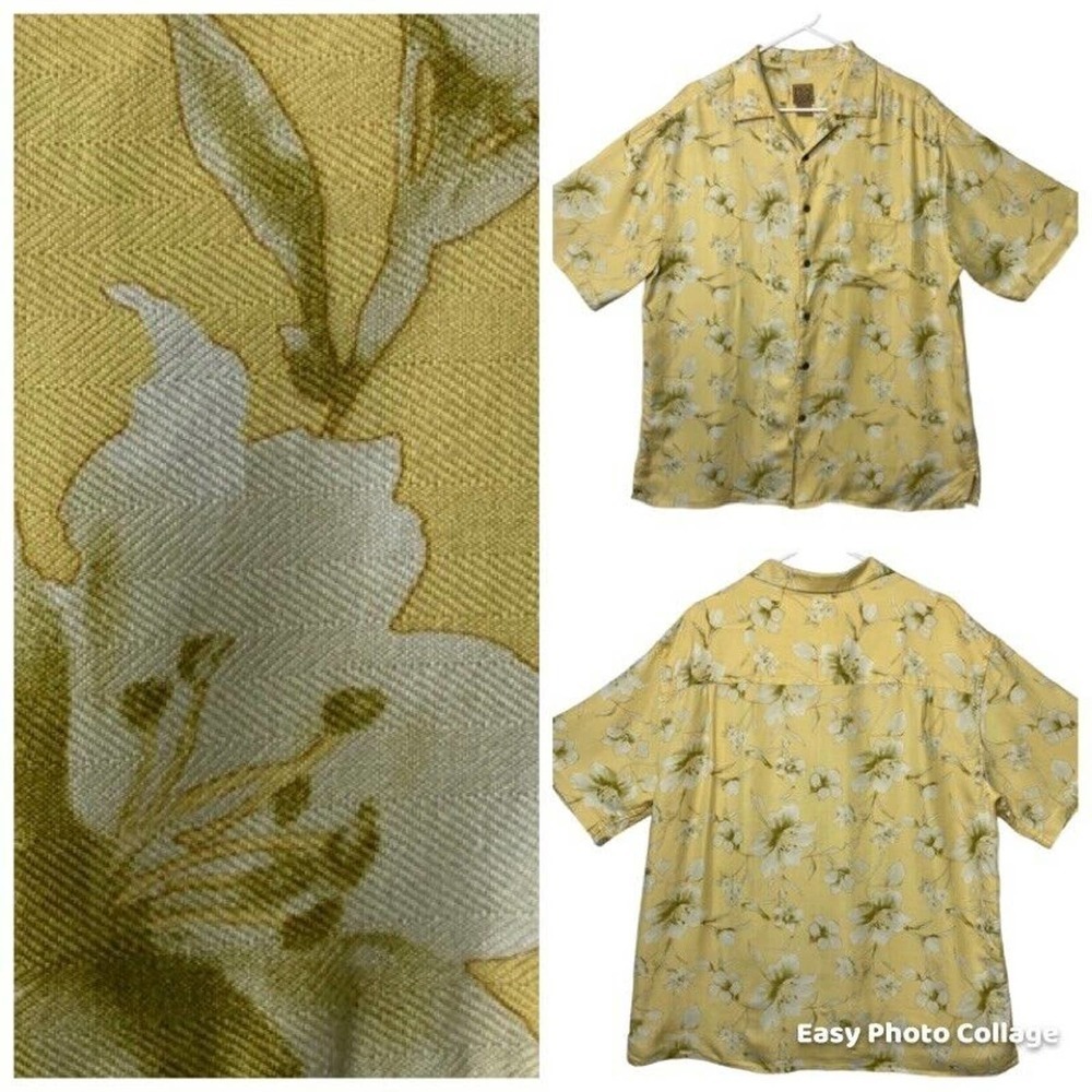 Jos A Bank Hawaiian Shirt Mens Large Yellow White Flowers Silk Relaxed Aloha - Picture 2 of 11